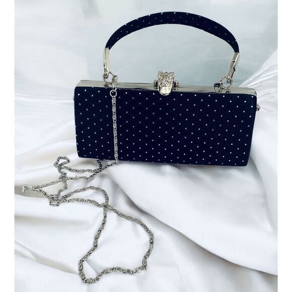 Elegant Black & Polka Dot Evening Clutch With Silver Chain - Picture 1 of 6